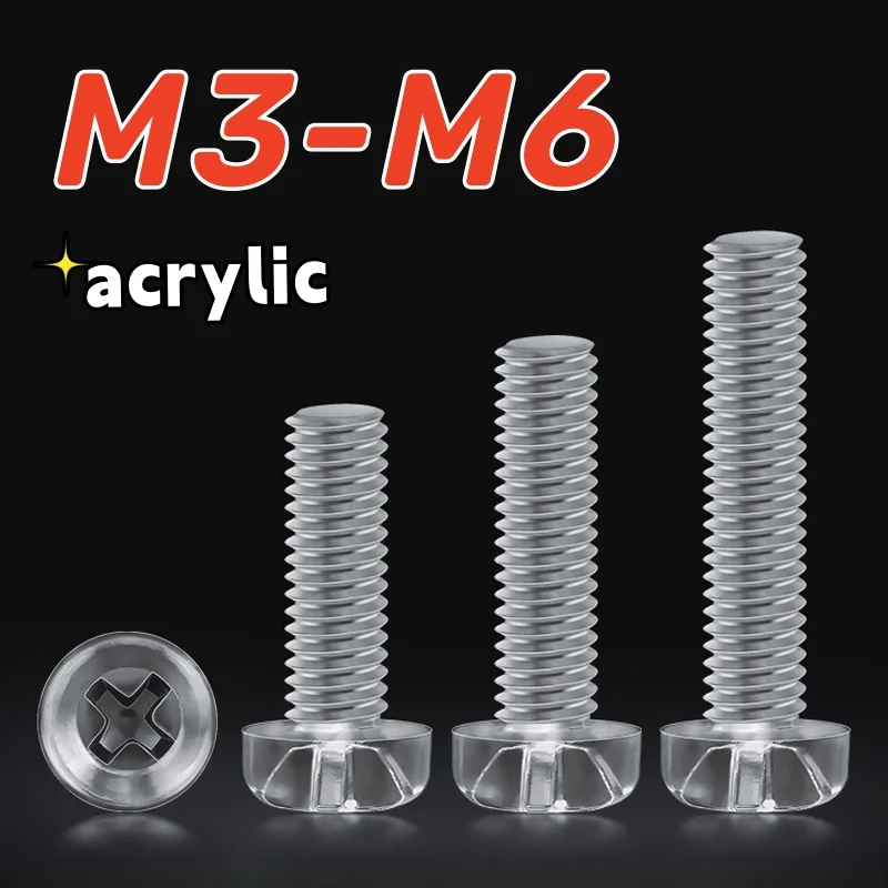 

50/100pcs Clear Plastic Acrylic Nylon M3 M4 M5 M6 Transparent Acrylic PC Cross Round Head Plastic Phillips Screw Length 3mm-20mm
