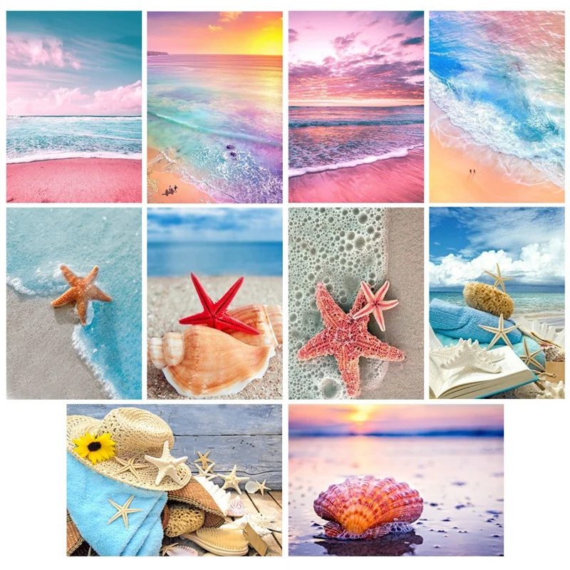 สีเพชรเย็บปักถักร้อยเพชรจิตรกรรมรอบภาพ Rhinestone Seaside Scenery Cross Stitch