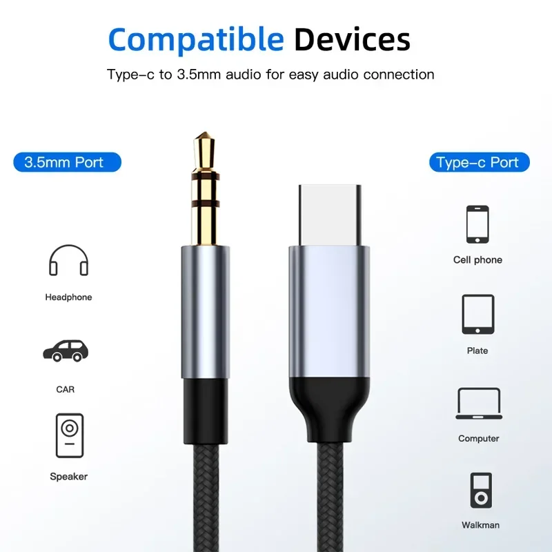 USB Type C to 3.5mm Aux Audio Cable for iPhone 15 Pro Plus Max Samsung S23 Oneplus Car Headphone Speaker 3.5 Jack Aux Cord Kabel