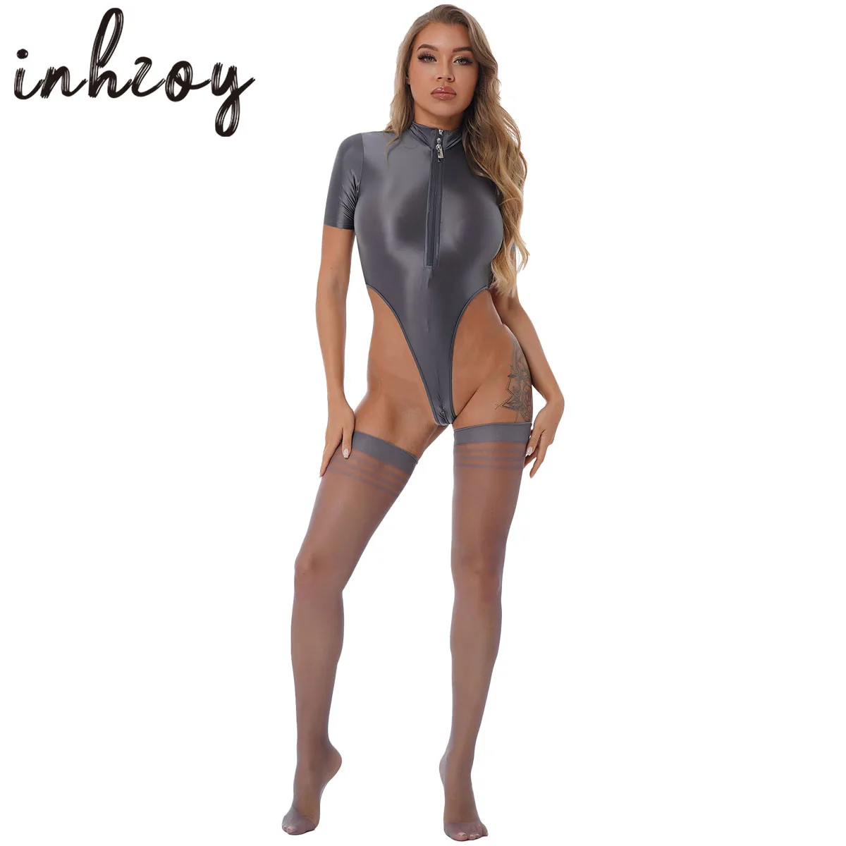 

Womens Glossy High Cut Bodysuit Leotard with Stocking Set Oil Shiny Smooth Zipper Crotch See-though Catsuit Pole Dance Clubwear