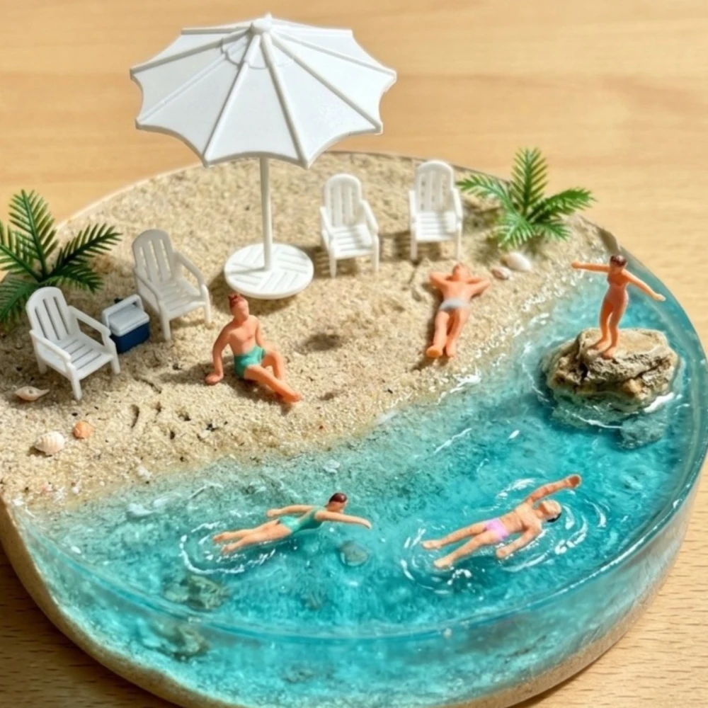 Miniature Beach Diorama Set Accessories,model Kit with Umbrella,4 Beach Chairs and 5 Random Swimmer People Figures,for DIY Craft