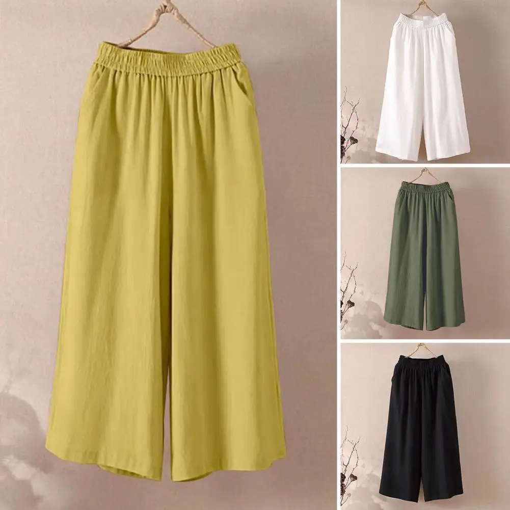 Charming Loose Fit Bottoms Stylish Women's Wide Leg Cropped Pants with Elastic Waist Pockets Solid Color Casual Trousers for A