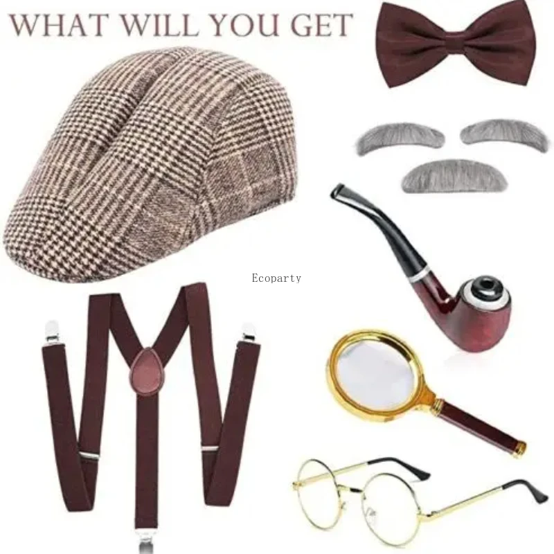 Roaring 20s Kostüme Herren Great Gasby Accessoires Hut Lupe Elastische Y-Back Hosenträger Fliege Bart Augenbrauen Brille