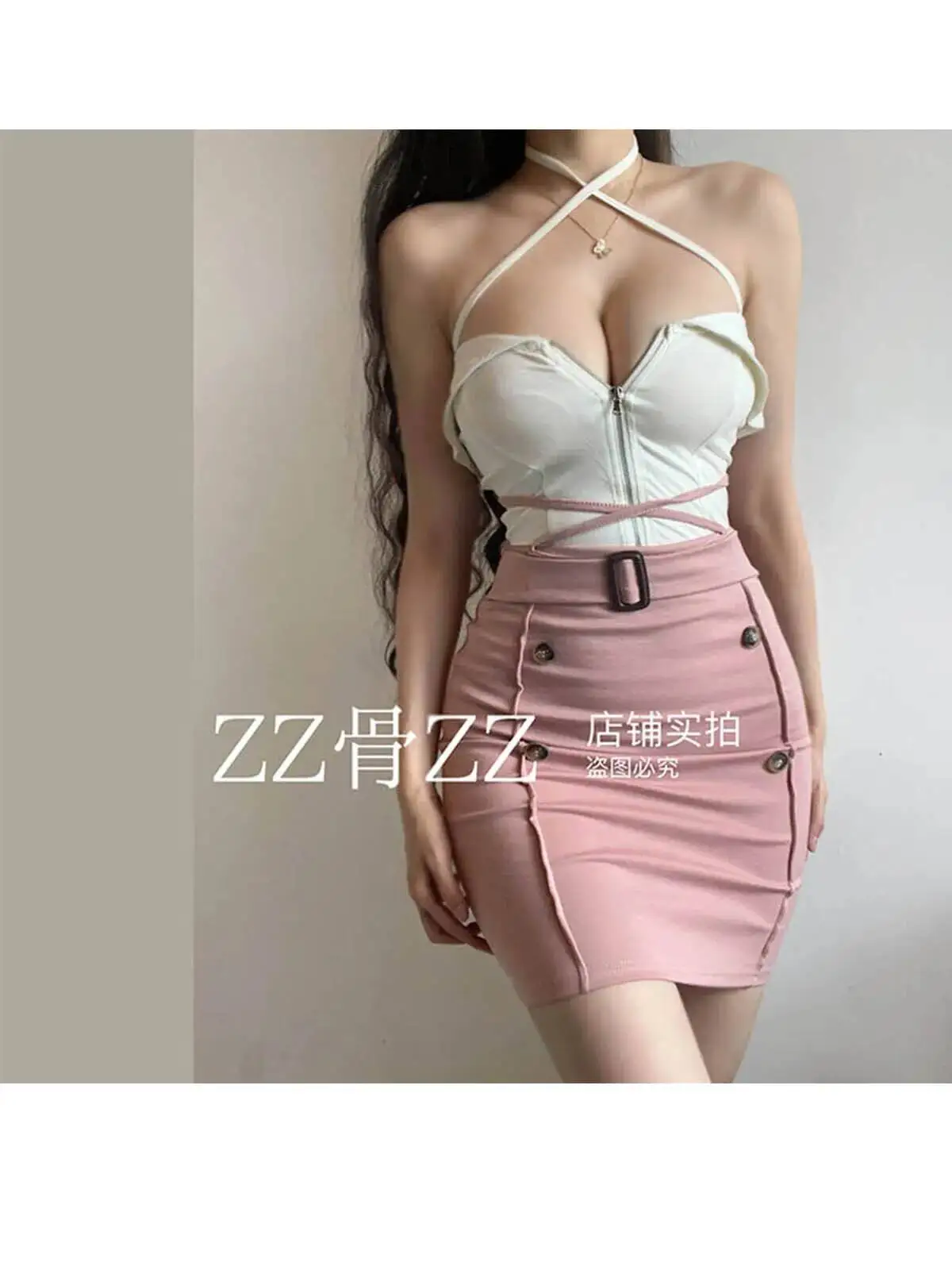 Sukienka mini na ramiączkach z wysokim stanem, dwurzędowymi guzikami, krojem podkreślającym biodra, seksowna, w jednolitym kolorze, elegancka, różowa, słodka, nowość 2025 TM9Y