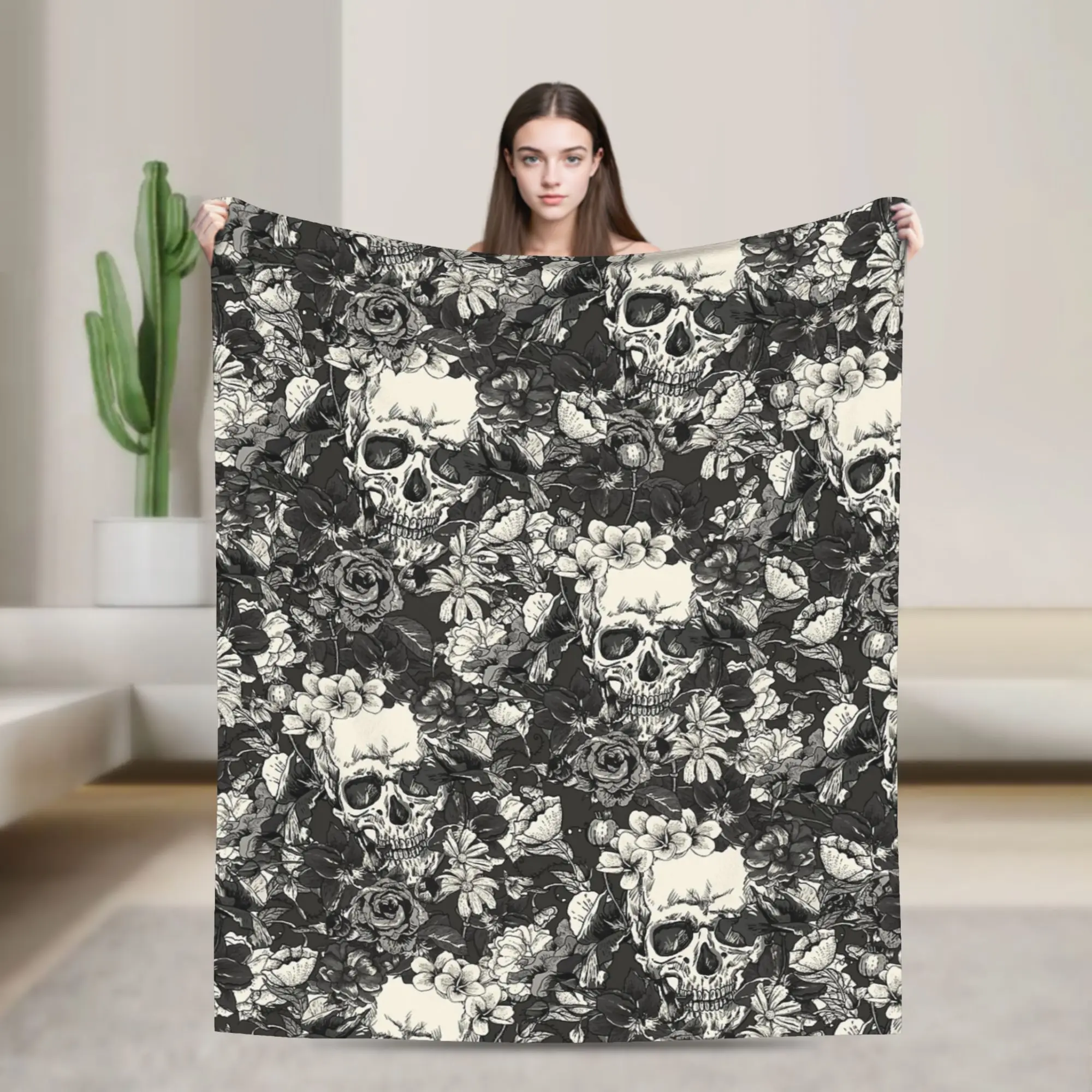 Halloween Skulls And Flowers Gothic Goth Blanket Coral Fleece Plush Autumn/Winter Warm Throw Blankets for Sofa Office Bedspreads
