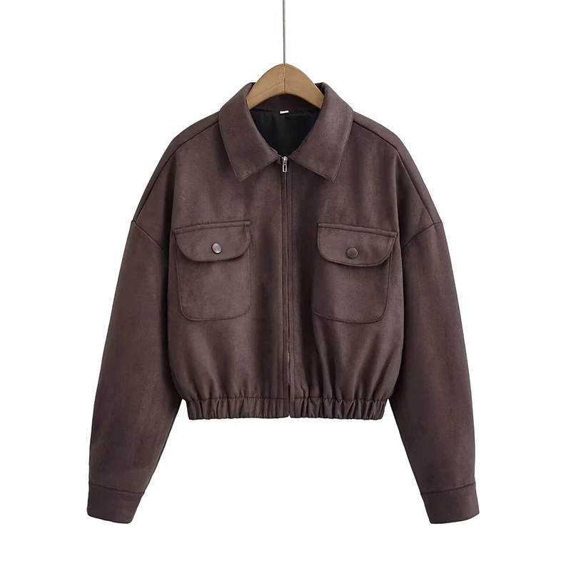 2026 Giacca da donna in finta pelle scamosciata allentata casual solida Manica lunga Colletto con risvolto con tasche Crop Capispalla Cappotto primavera autunno