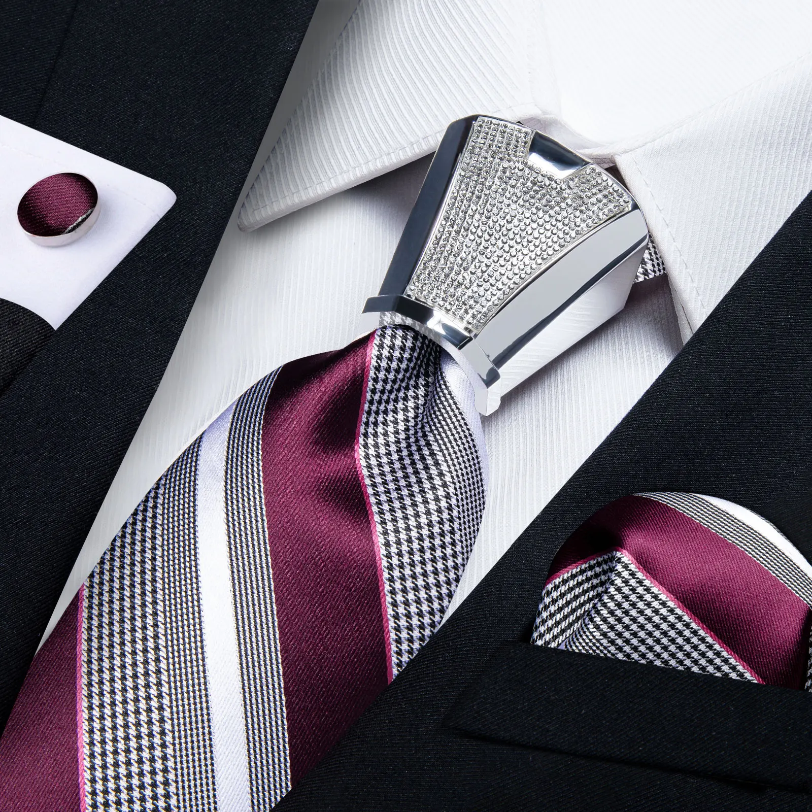 

Red White Striped Ties With Luxury Silver Tie Buckle Hoop 8cm Men's Wedding Neck Tie Set Handkerchief Cufflinks Men's Gift