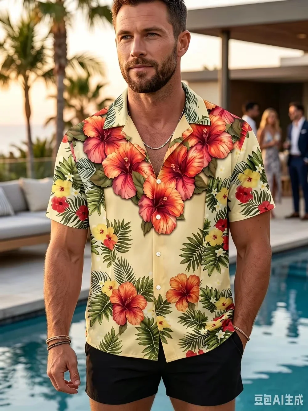 Fake Wreath Muscle Pattern 3D Print Men'S Casual Shirt Individual Hip-Hop Rock Street Hawaiian Short Sleeve Vacation Shirt