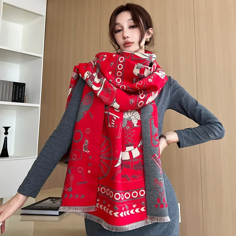 2024 Autumn&Winter Warm Prevent Coldness Wraps Female Imitation Cashmere Horse Printing Shawl Women\'s Thickening Tassels Scarf