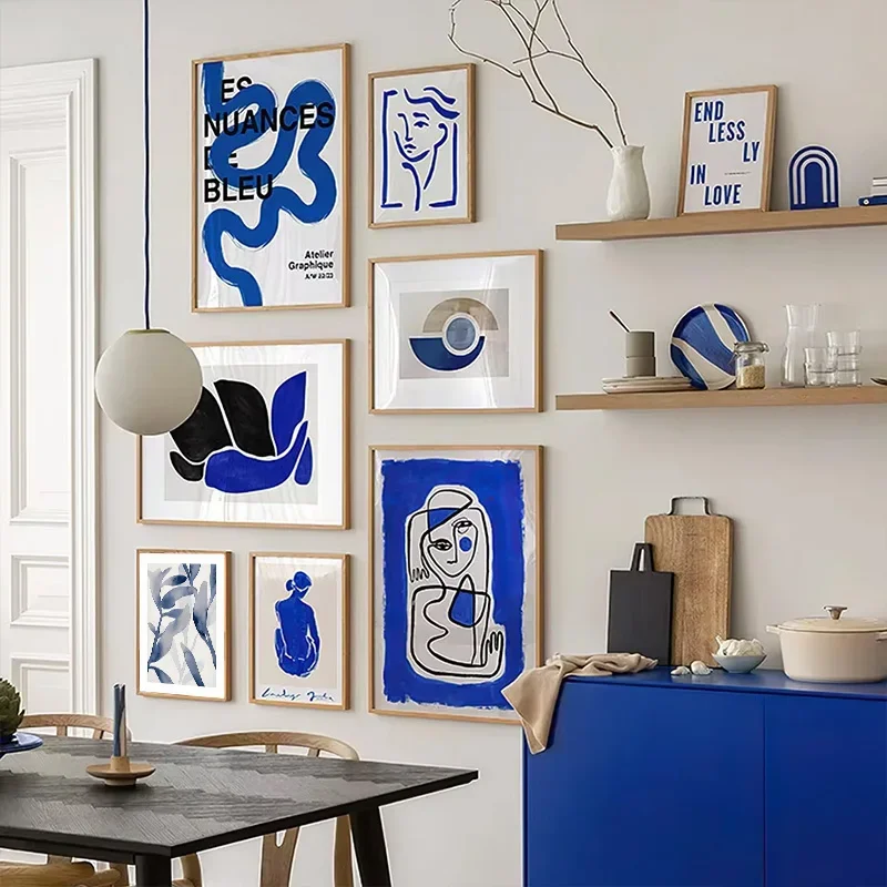 Blue Abstract Colour Block Letter Line Art Poster Nordic Minimalist Modern Trend Gallery Exhibition Canvas Painting Wall Art