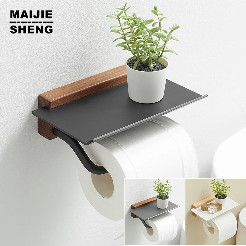 Wood Toilet Paper Holder Bathroom Wall Mount WC Paper Phone Holder Shelf Towel Roll Shelf Accessories Roll Holder