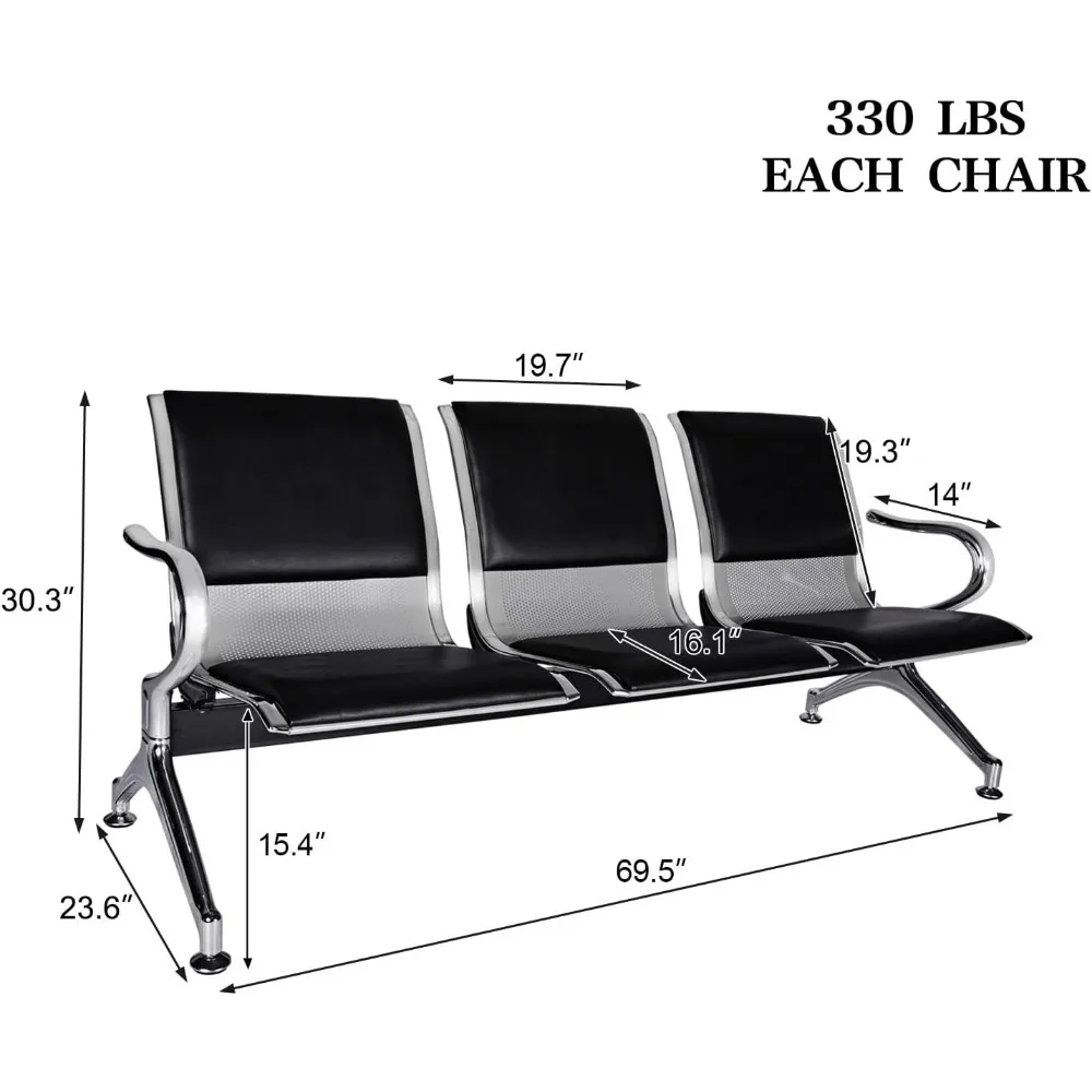 3-Seat Waiting Room Bench PU Leather Reception Chair with Arms Black