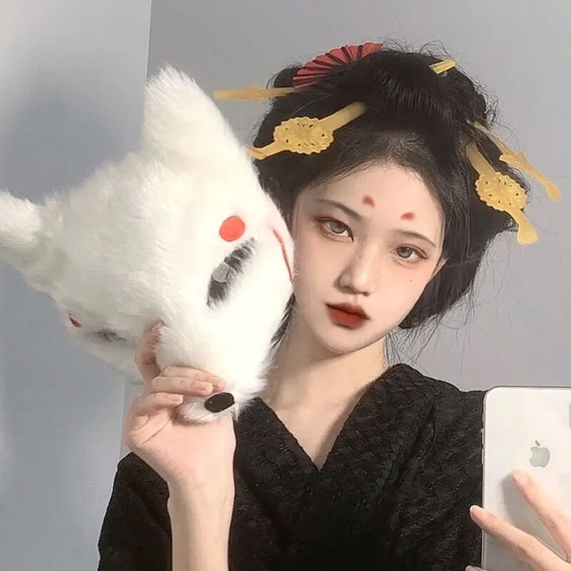 

Cosplay Plush Fox Mask Hand Drawn Japanese Style Creative Halloween Stage Performance Women Lovely Adjustable Anime Accessories