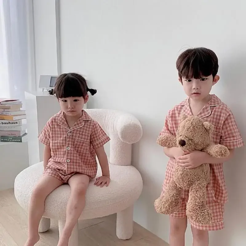 

Girl Children Summer Pajama Sets Plaid Tshirt Soft Comfortable Square Collar Dress And Cotton Shorts Brother& Sister Costumes