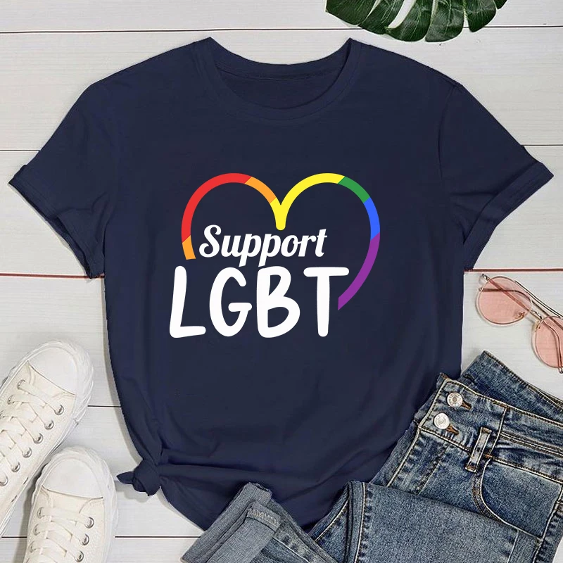 

(Premium T-shirt)Support Lgbt Print T-Shirts For Women Summer Funny Round Neck Short Sleeve Casual T-Shirts