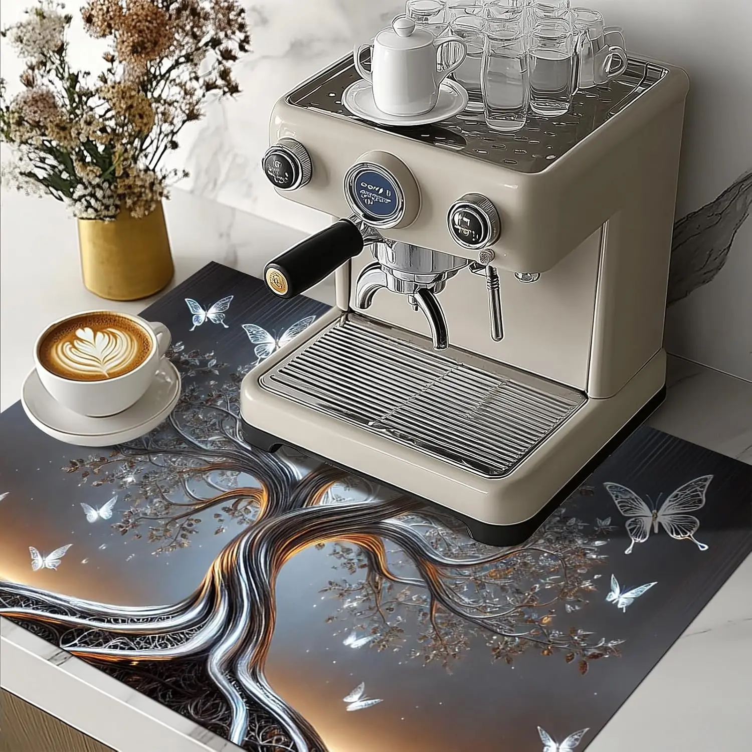 Silver Tree of Life & Butterfly Stove Cover – Diatomite Mat for Cooktop Protection, Dish Drying & Kitchen Decor