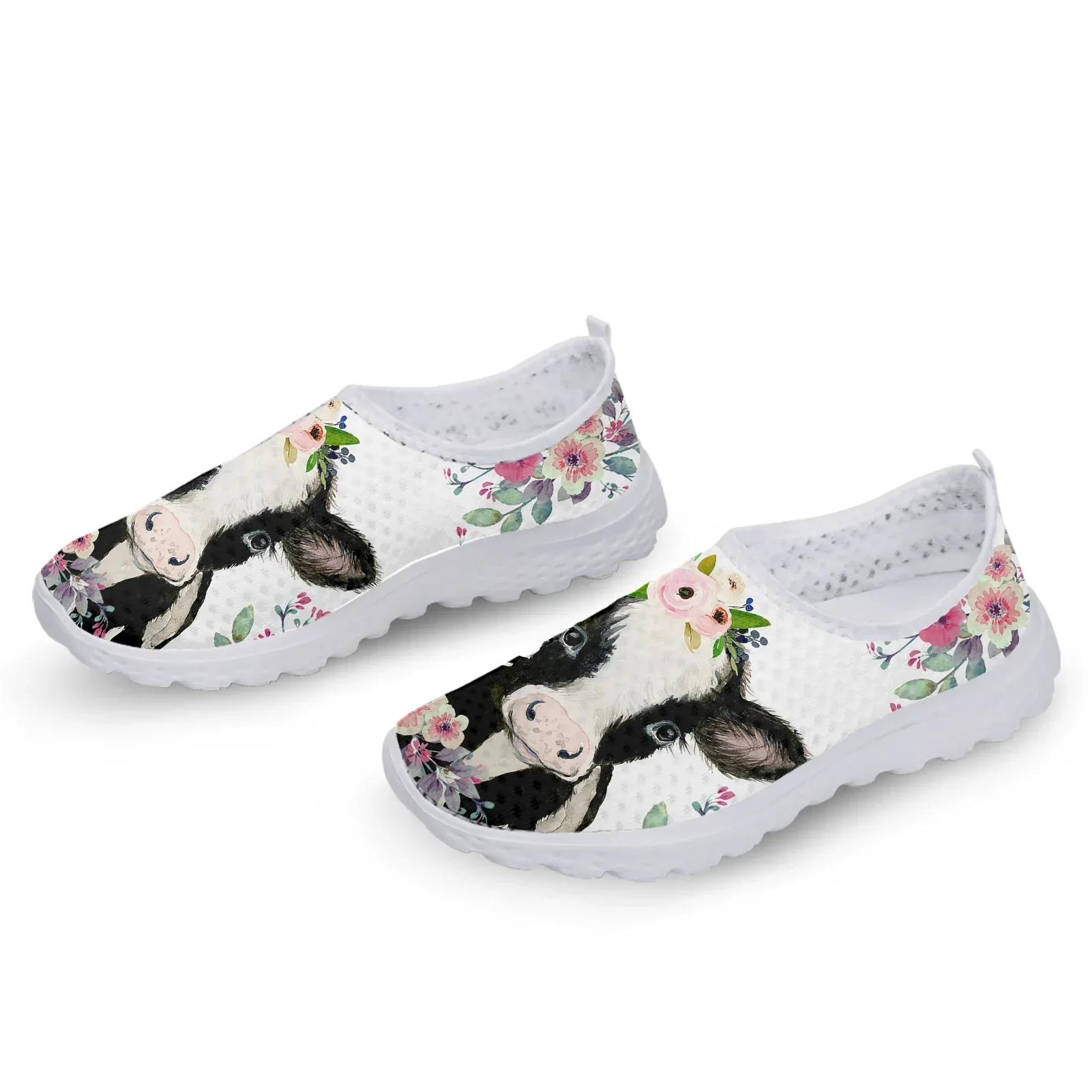 Chaussures de marche plates légères à imprimé animal pour dames, chaussures en maille respirante, vache à lait de dessin animé, imprimé hibiscus, été