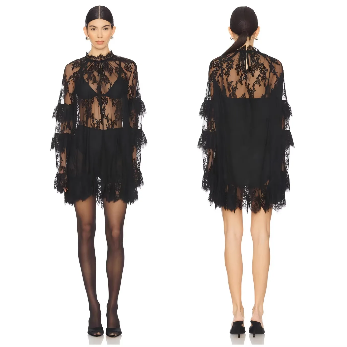 

Summer New Arrival Fashion Eyelash Lace Seaside Vacation Beach Skirt See-through Blouse Suspender Off-shoulder Lace Dress