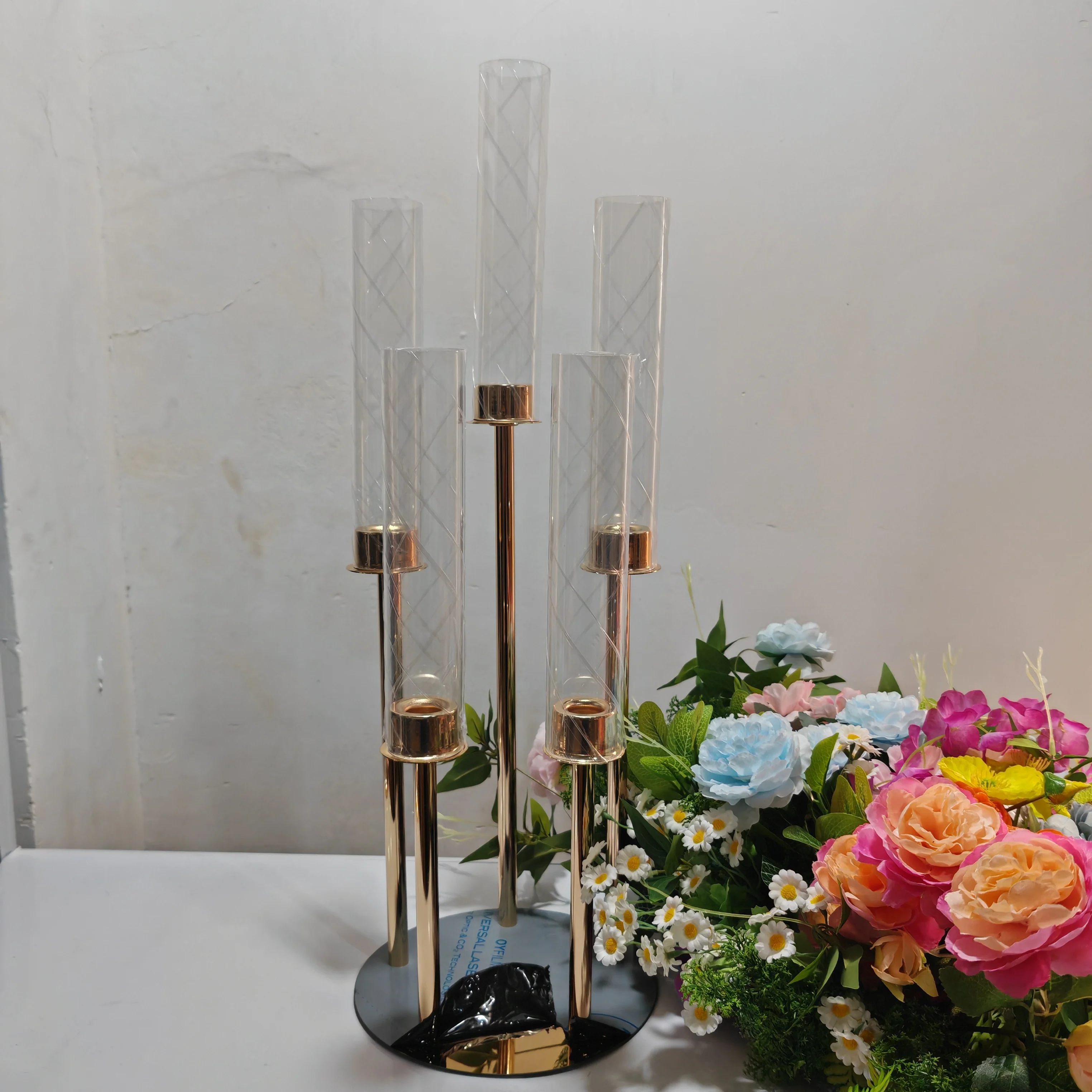 5 Arm Gold Metal Candlestick Candelabras with Crystal Glass Chimney Cover 24 inch Tall Vintage Taper Candles Holders for