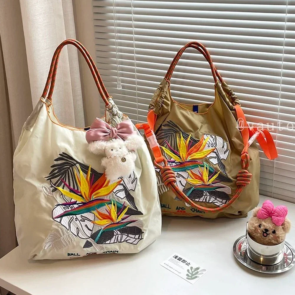 Large Leaf Embroidery Tote Bag Leaves Shoulder Bag Tropical Rain Forest Handbags Nylon Shopper Purses Designer Bags for Women