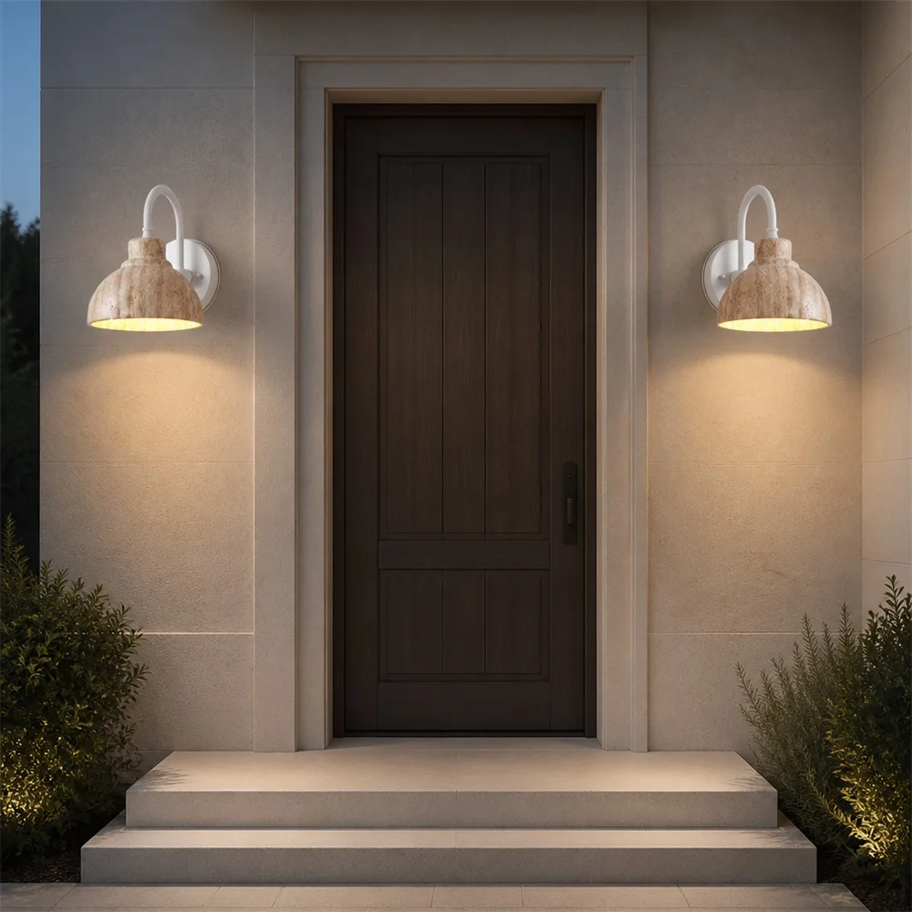 Waterproof Yellow Travertine Outdoor Wall Sconces Cream Style LED Exterior Porch Lighting Soft Warmth for Villa Courtyard Decora