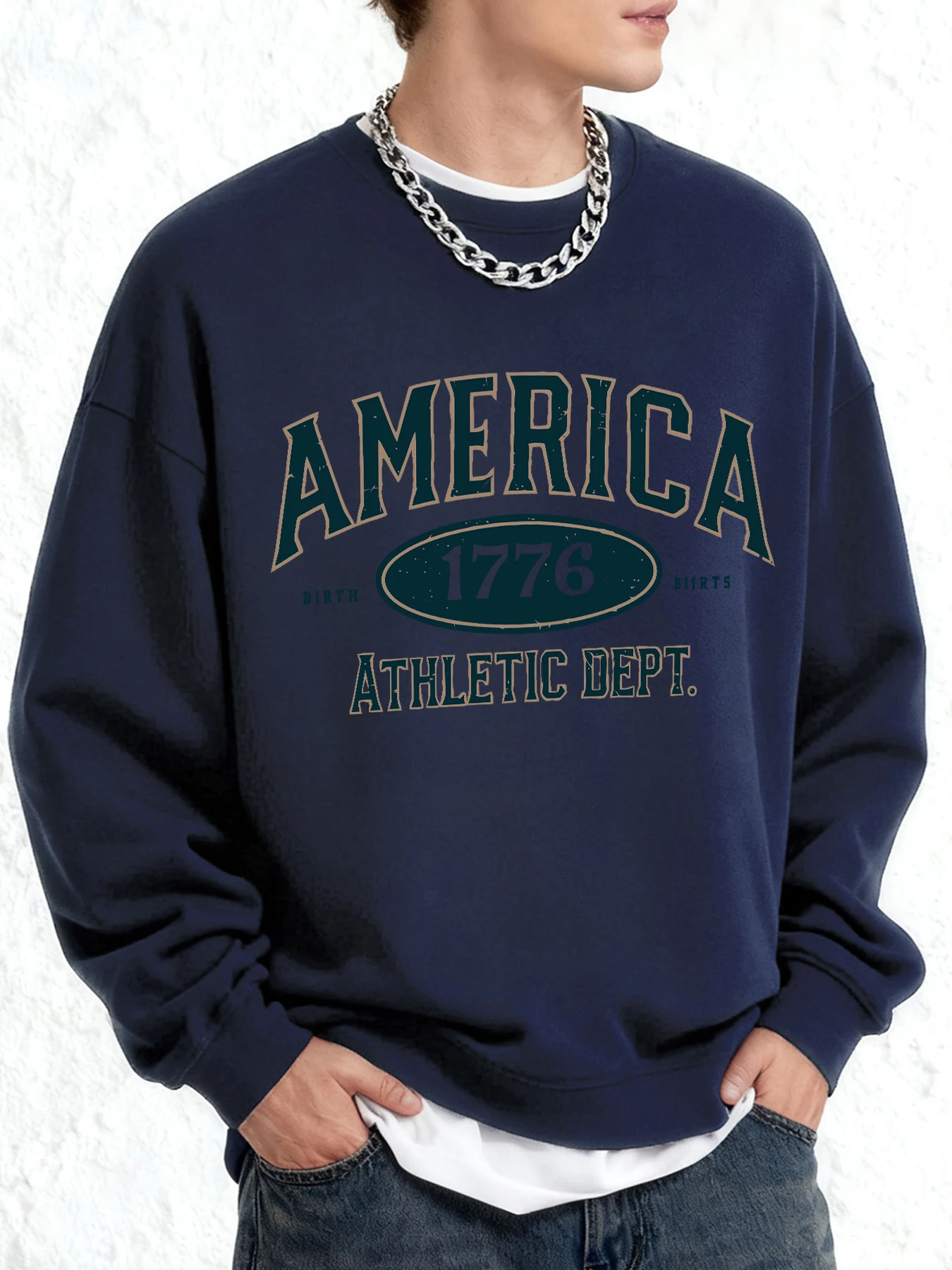 America 1776 Athletic Dept Bedruckter Pullover Herren Vintage Sweatshirt O-Ausschnitt Oversize Kleidung Unisex Lässig Hip Hop Langarm