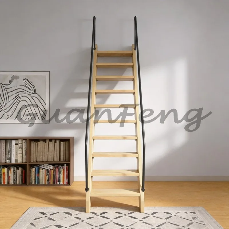 Made Solid‑Wood Indoor Loft Stairs 4/5/6 Steps Household Small‑Space Wooden Step Ladder With Wide Large Treads