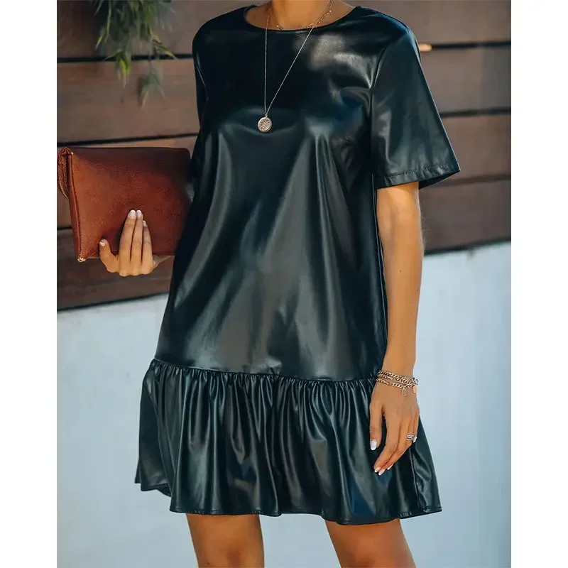 Womens Dresses Spring Temperament Commuter Ruffled Loose Slim Patent Short Sleeve Leather Dress for Women