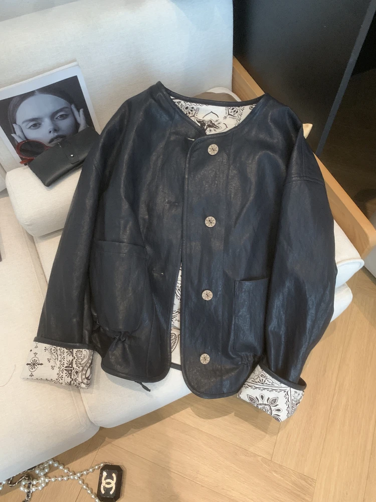 

Винтажная женская куртка из искусственной кожи в стиле пэчворк, весенне-осенняя, уникальная, свободного кроя, с цветочным принтом, верхняя одежда