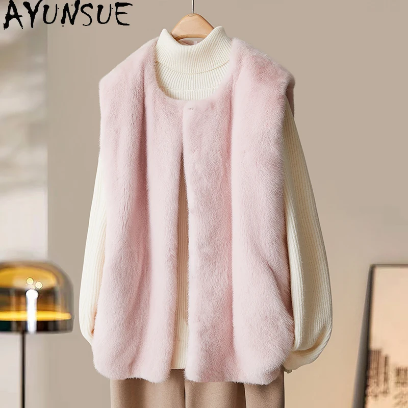 

AYUNSUE Natural Mink Fur Vest Women Clothes 2025 Luxury Real Fur Vests for Woman Autumn Winter Jacket Slim Fit Шуба Женская