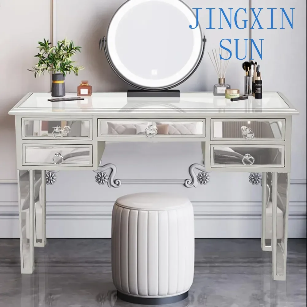 Mirrored Vanity Desk Bedroom Makeup Vanity Table Console Table Sofa Table with 5 Drawers, Modern Silver Glass Vanity