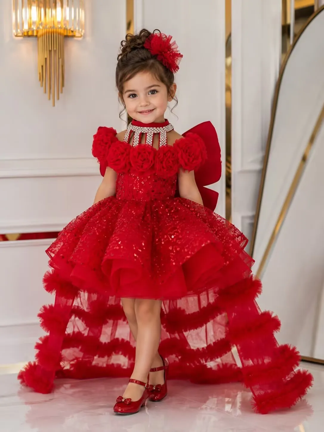 KLFLGD Children's dress, high-end luxury, niche piano performance, trailing fluffy veil, girls' host's birthday princess dress