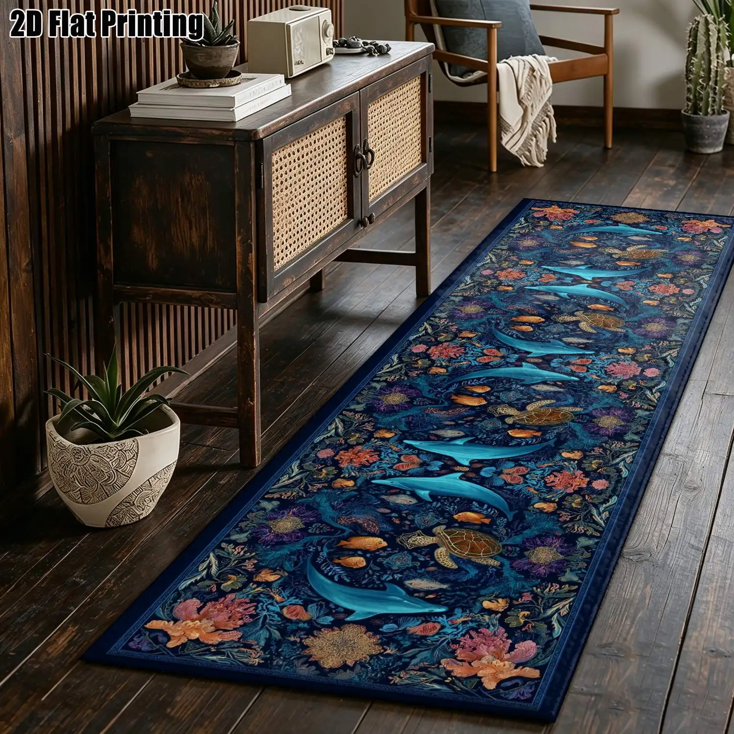1Pc 2D Printed Long Strip Rug, Dark Blue Marine Pattern, European/Bohemian/Geometric Striped Style Home Decor, Multi-Size, Machine Washable, Ideal for Entryway, Hallway, Living Room, Bedroom.