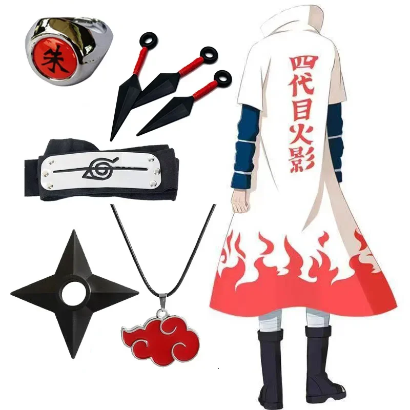 Anime 4Th Hokage Uzumaki Costume Adult Kids Namikaze Minato Cape Headband Necklace Weapon Ring Children Cosplay Gift MN4