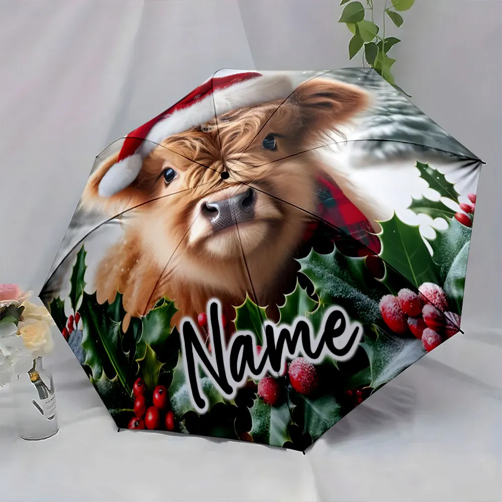 Custom Name Festive Christmas bull-themed umbrella holly berries design 8 Iron Ribs Folding Umbrella Auto-Open Fashion Sunshade