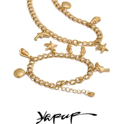 Yhpup Ocean Style Stainless Steel Seashell Conch Starfish Seahorse Drop Necklace Bracelet Bangle Waterproof Summer Daily Jewelry
