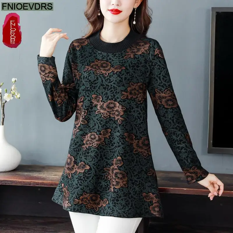 Winter Spring Women Elegant Office Lady Retro Vintage Warm Velvet Tops Flower Floral Print Long Tunic Basic Shirts Blouses