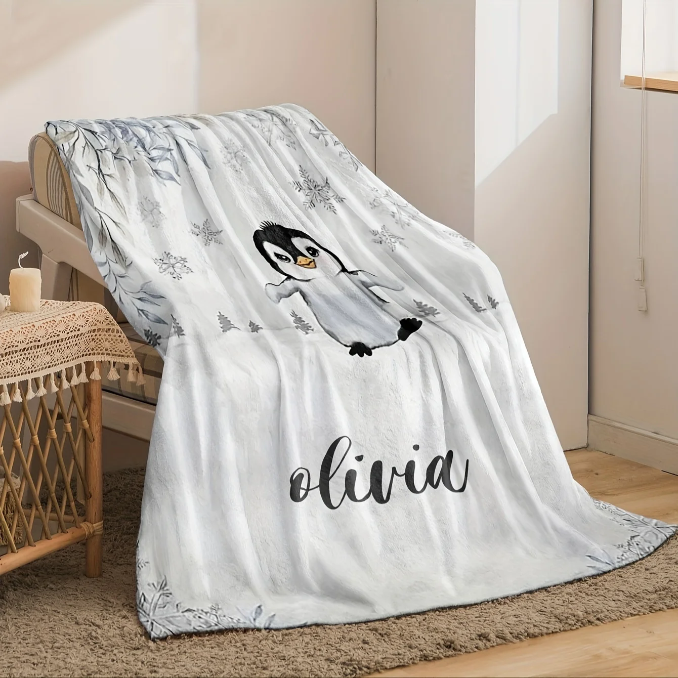 Digital printing custom name personalized snow penguin blanket,soft,light,suitable for bed,living room,birthday,outdoor，travel