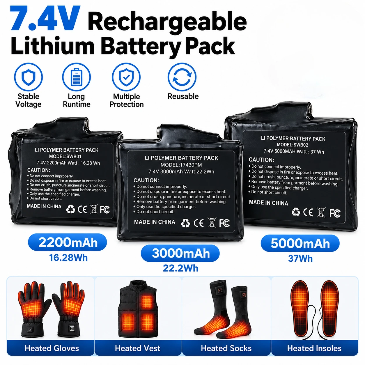 7.4V Lithium Battery Pack 2200mAh 3000mAh 5000mAh for Winter Heated Clothing Gloves Socks and Vest