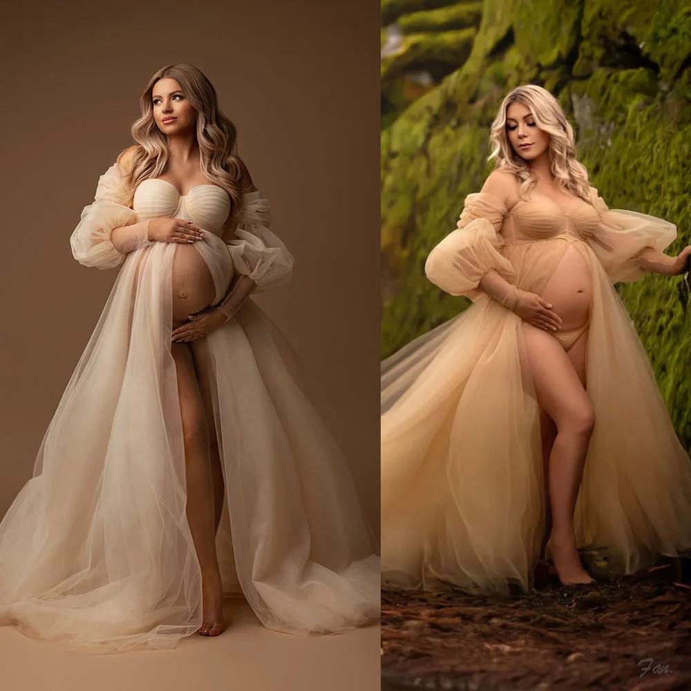 Unique Prom Dresses for Photo Shoot or Baby Shower Sweetheart Long Sleeves Maternity Robes Women Photoshoot Fluffy Tiered Gowns