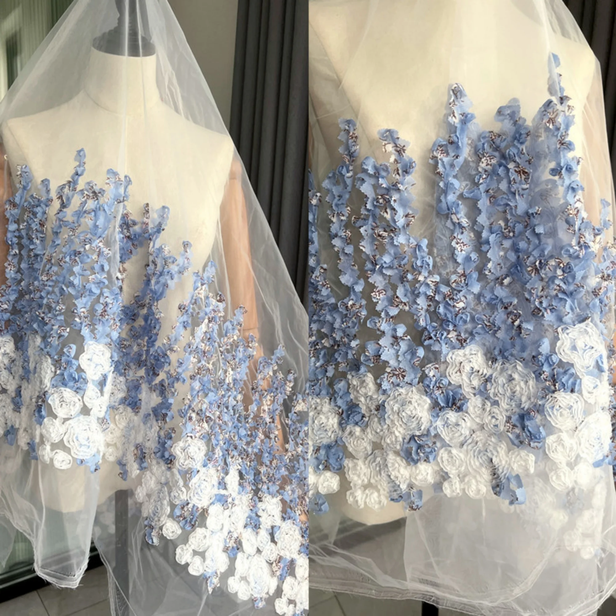 1Meter Blue White Double-Sided Gradient Organza Fabric with Three-Dimensional Flowers for DIY Handmade Clothing Skirt Evening Go view 5