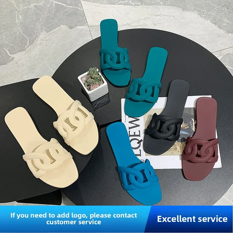 H Home mujer verano Web celebridad cerdo nariz jalea zapatillas zapatillas para usar fuera de la playa plana antideslizante una palabra procrastina