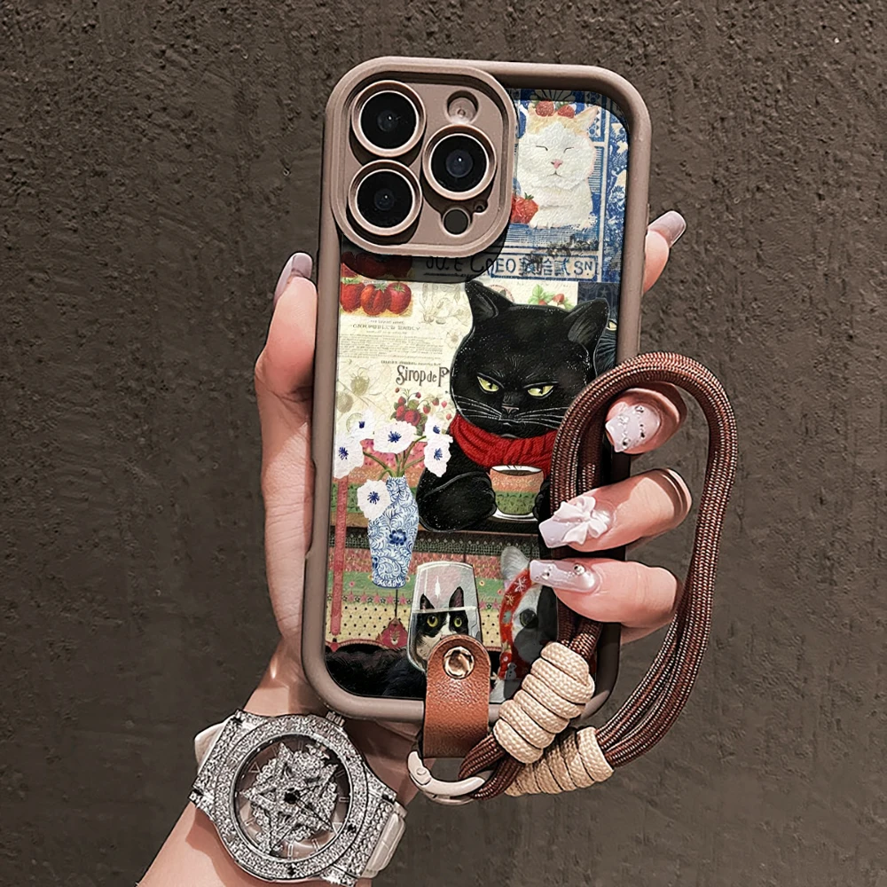 Modische Katzen-Collage-Silikon-Handyhülle für iPhone 16 17 Pro 15 14 13 12 11 Pro Max 16E 7 8 Plus XR XS mit Lanyard-Hülle – Detail 2