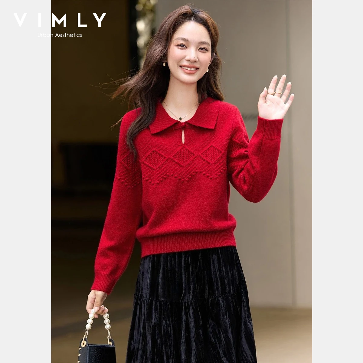 

VIMLY Sweaters Ladies 2025 Winter Chinese Style Polo Collar High Elasticity Knit Jumpers Elegant Relax Fit Female Clothing 75299