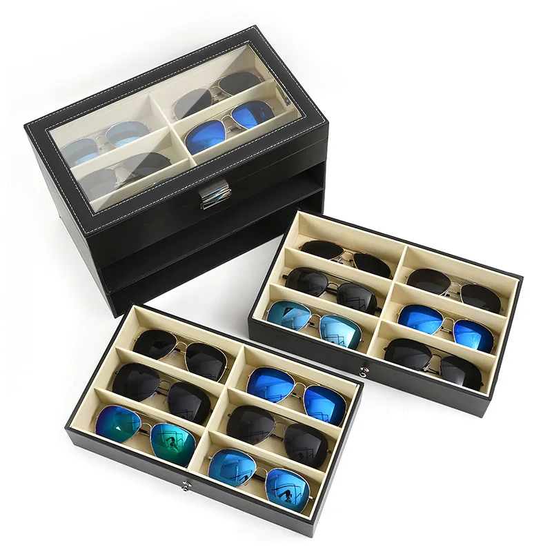 

Black Leather Sunglasses Storage Case, Large Capacity Dustproof Eyewear Display Box, Premium Desktop Organizer