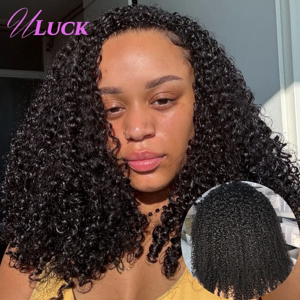 

Uluck 350% High Density Adjustable Half Wigs Burmese Pixi Curly Invisible Half Wig Real Human Hair Wigs Wear To Go Glueless Wigs