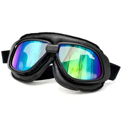 BJMOTO Black Leather Goggles Sun Ski Glasses Motocross Vintage Pilot For Helmet Open Face Half