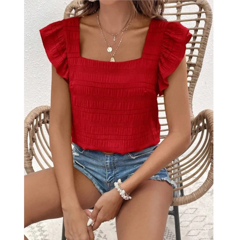 Elegant Fashion Ruffles Folds Sleeveless Blouse Woman Clothing Summer New Street Square Neck Pullovers Loose Solid Shirts Female