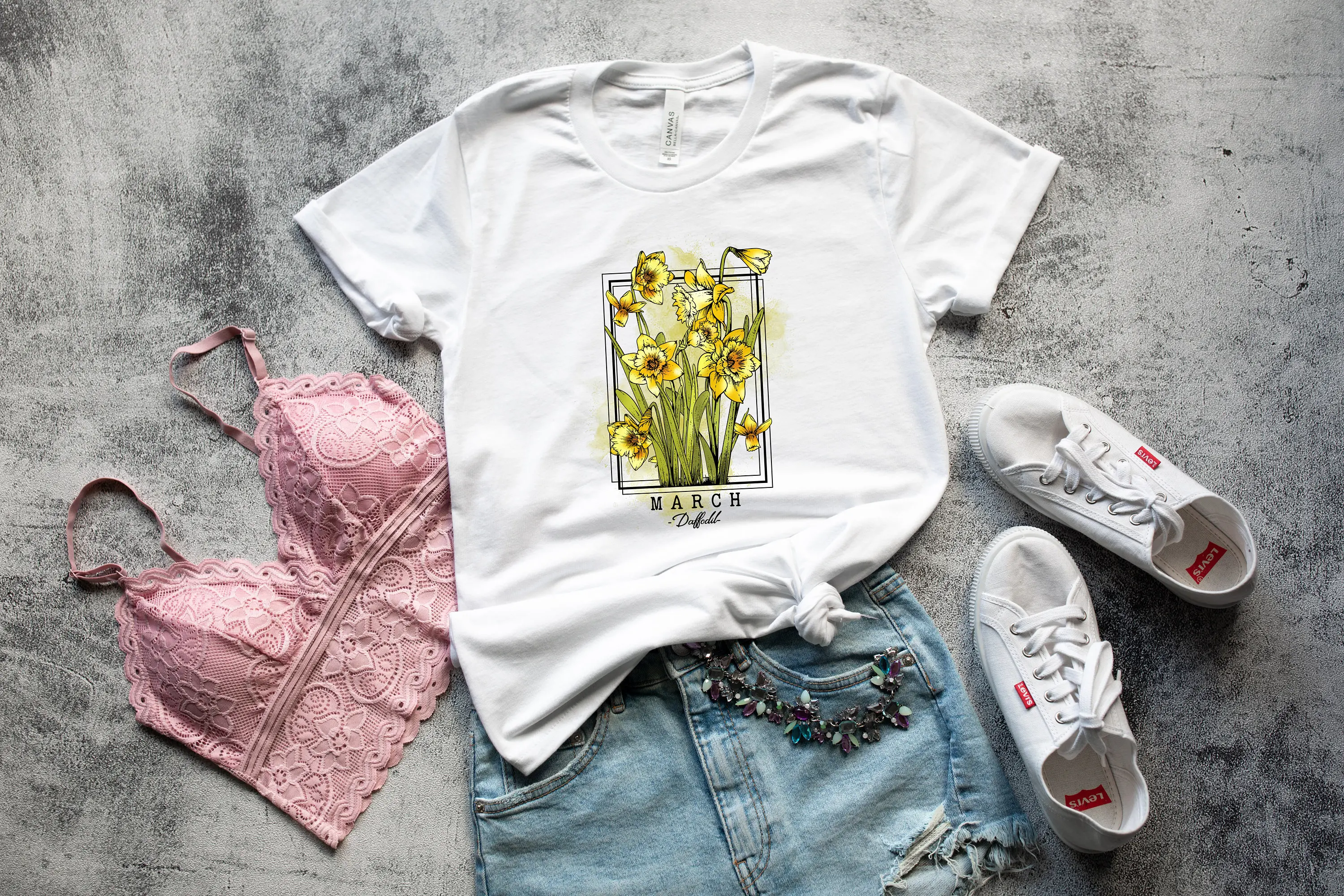 

Custom Birth Flower T Shirt March Daffodil Art Botanical Garden Fall Winter Plant