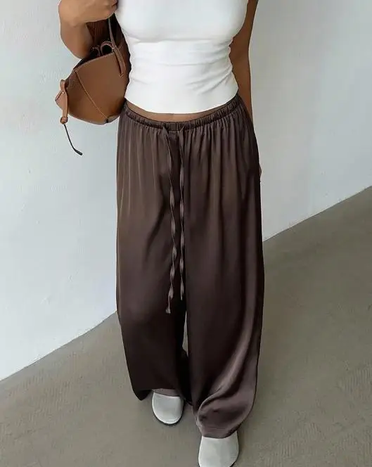 

Autumn Casual Loose Wide Leg Straight Leg Pants for Women, Slim Fit and Simple High Waisted Satin Lace Up Straight Leg Pants